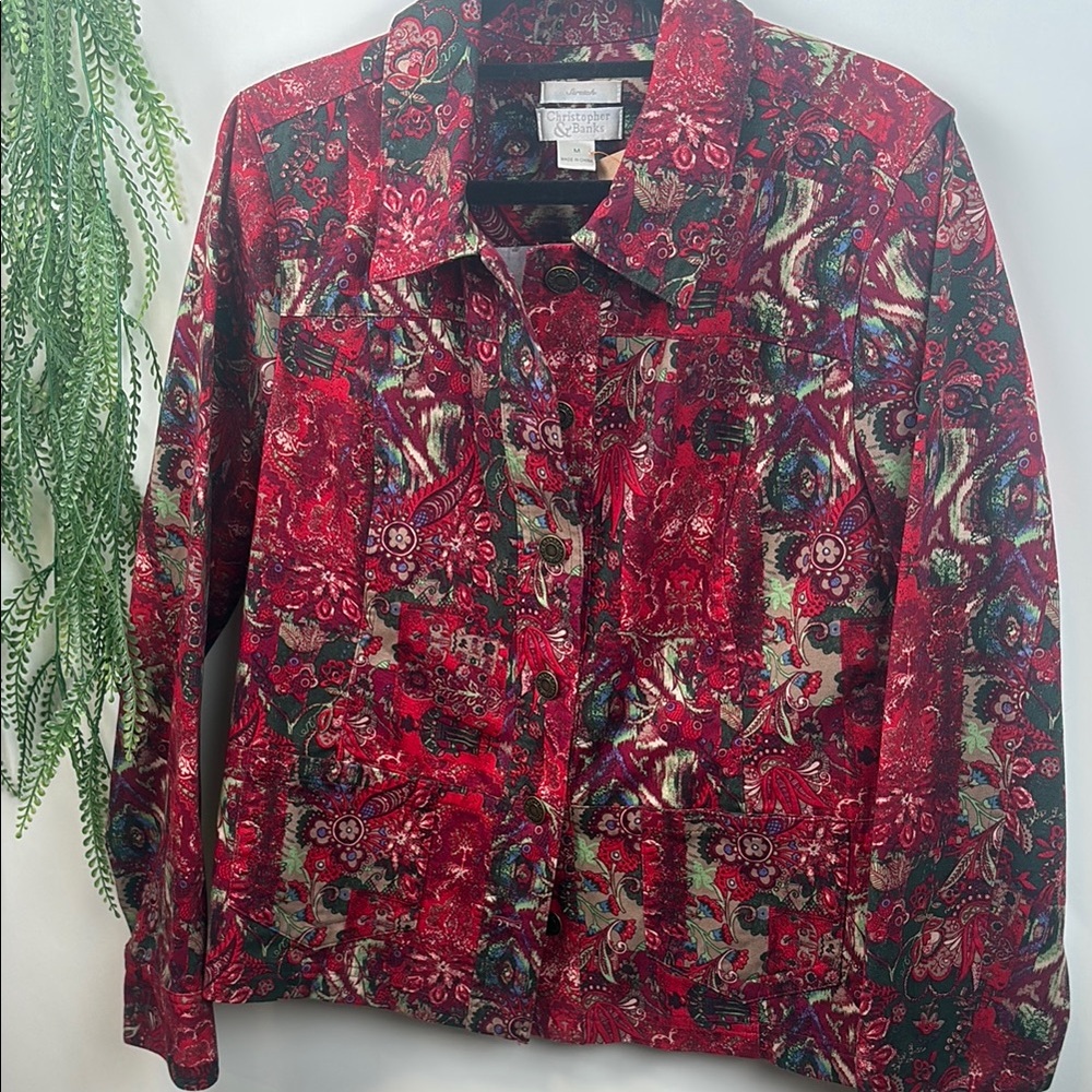 Christopher & Banks Red and Green Jean Jacket with Paisley Design ( ref T 426)